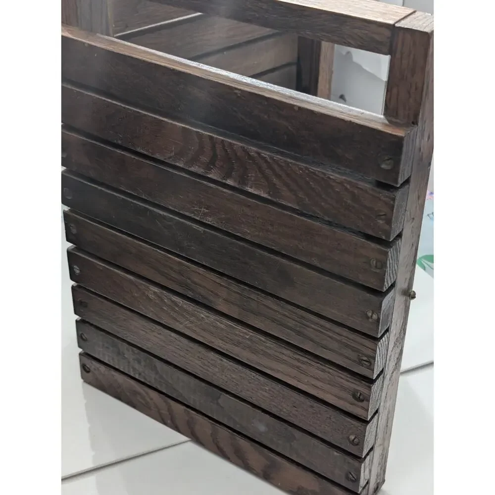 Vintage Folding Solid Wood Slatted Storage Chest Magazine Rack Rustic Decor